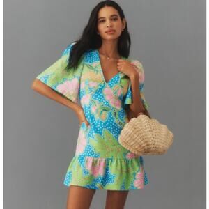 Rhode Mariana Dress Blue Psychedelic Flower Linen Ruffle Hem Size 14 NWT